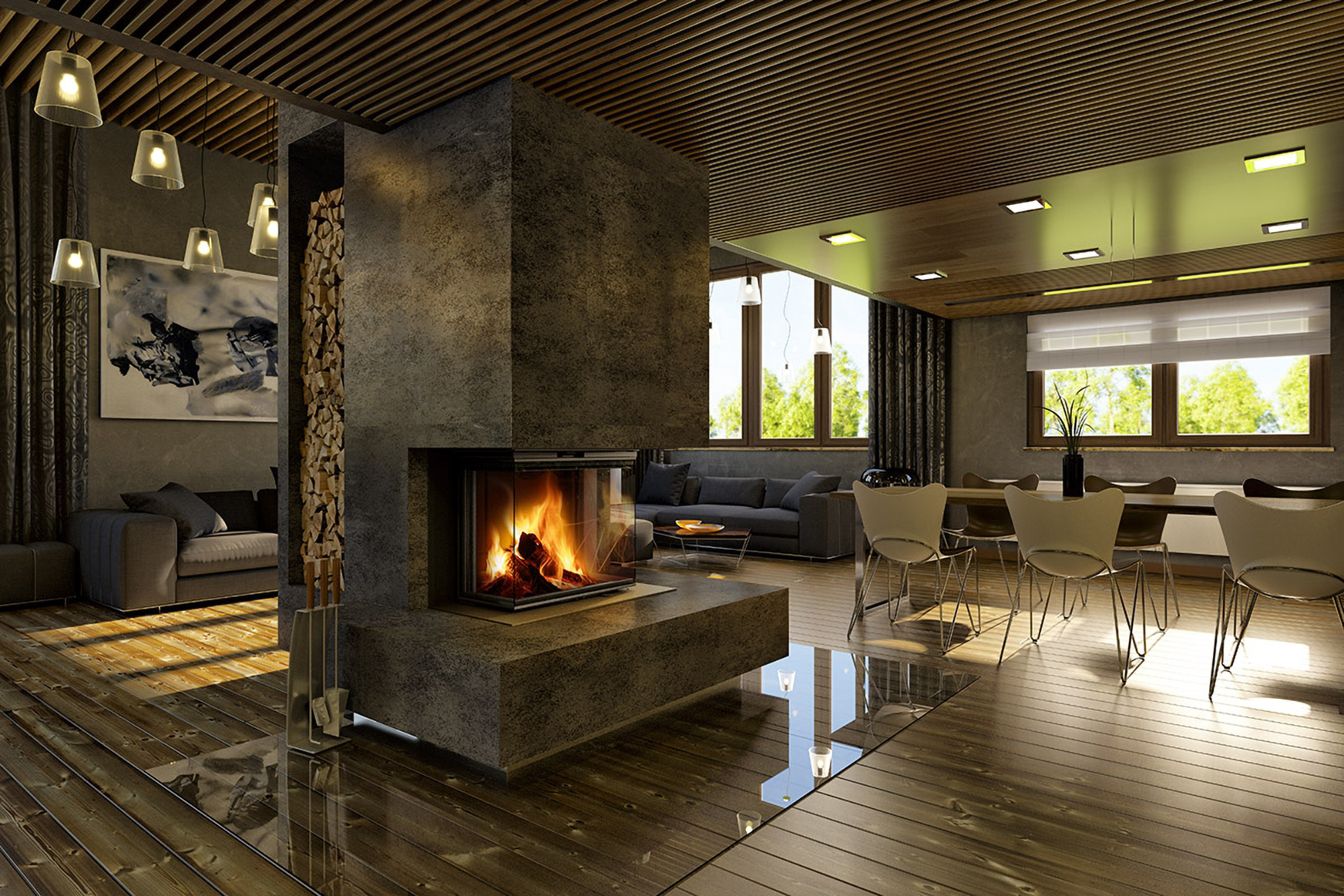 Eksklusiv 3-sidet peisinnsats med soft-close hevedør